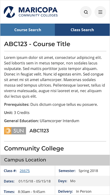 Mobile view of the Course and Class Catalog
