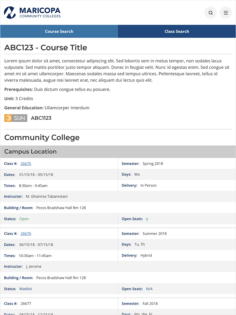 Tablet view of the Course and Class Catalog.